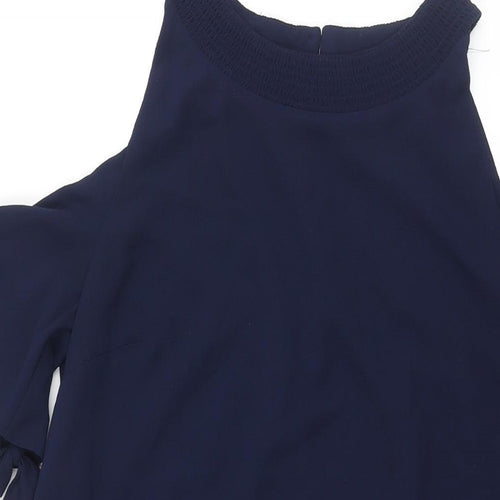 Zara Womens Blue Polyester Shift Size M Round Neck Button - Cold Shoulder Tie