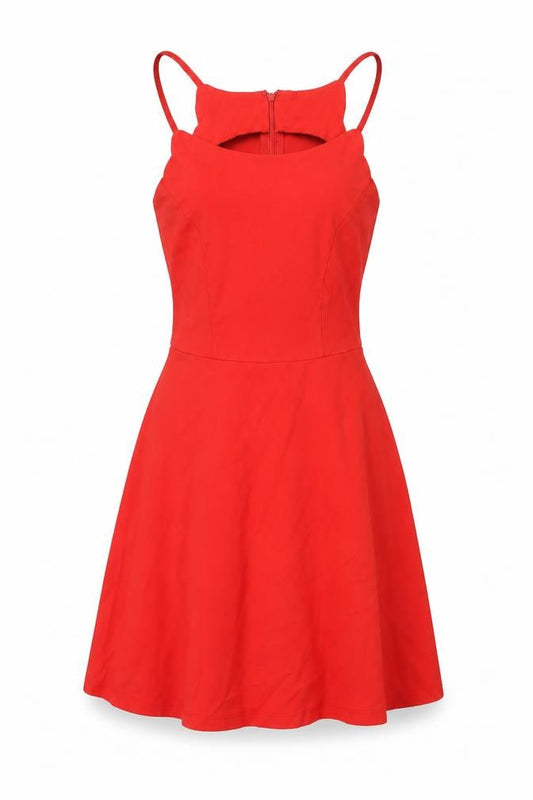 Front view of JustFab women’s red polyester fit & flare, size S, round neck zip