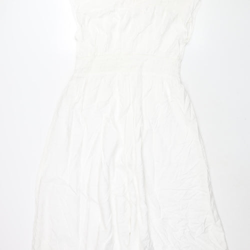 Marks and Spencer Womens White Viscose Shift Size 14 Round Neck Button - Rouched