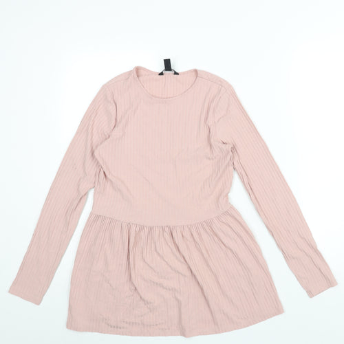 New Look Womens Pink Polyester Basic Blouse Size 8 Round Neck - Peplum Ribbed