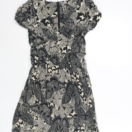 Dorothy Perkins Womens Black Geometric Cotton A-Line Size 6 V-Neck Zip - Belted Leaf Print