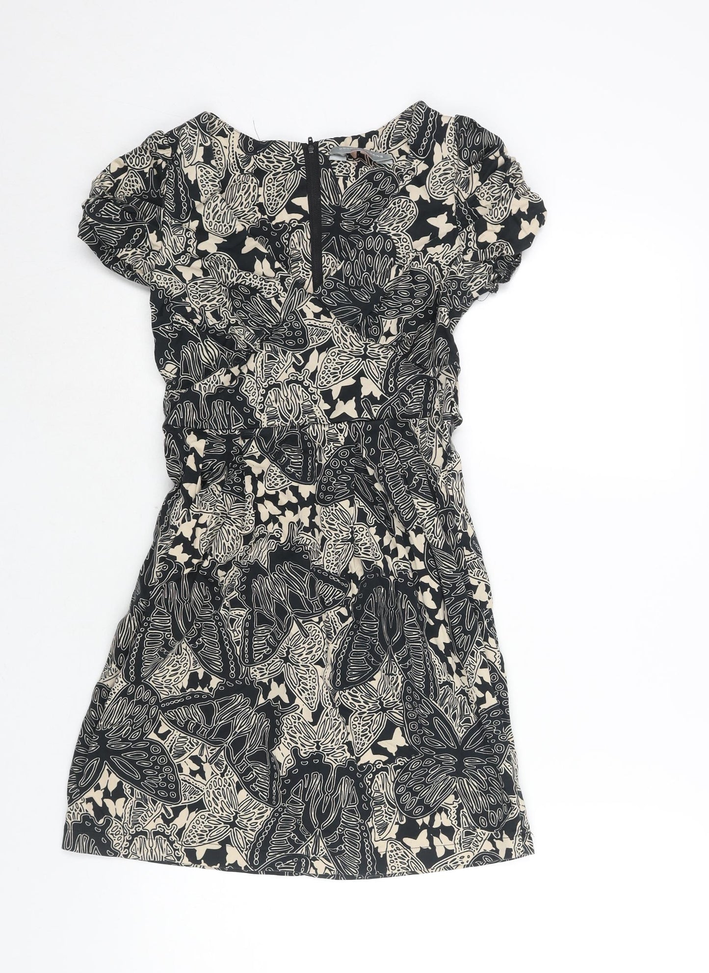 Dorothy Perkins Womens Black Geometric Cotton A-Line Size 6 V-Neck Zip - Belted Leaf Print