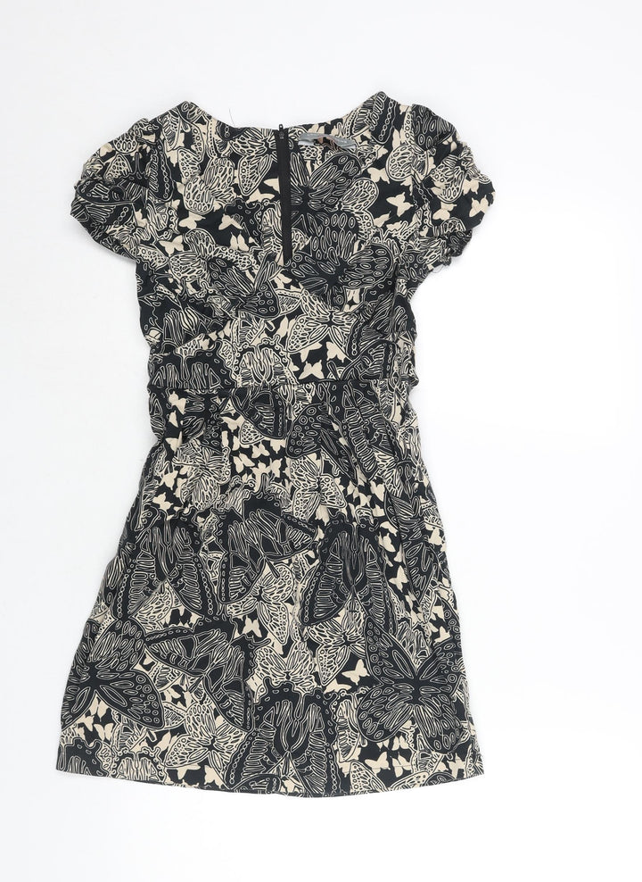 Dorothy Perkins Womens Black Geometric Cotton A-Line Size 6 V-Neck Zip - Belted Leaf Print