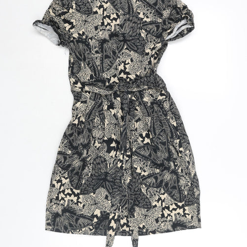 Dorothy Perkins Womens Black Geometric Cotton A-Line Size 6 V-Neck Zip - Belted Leaf Print