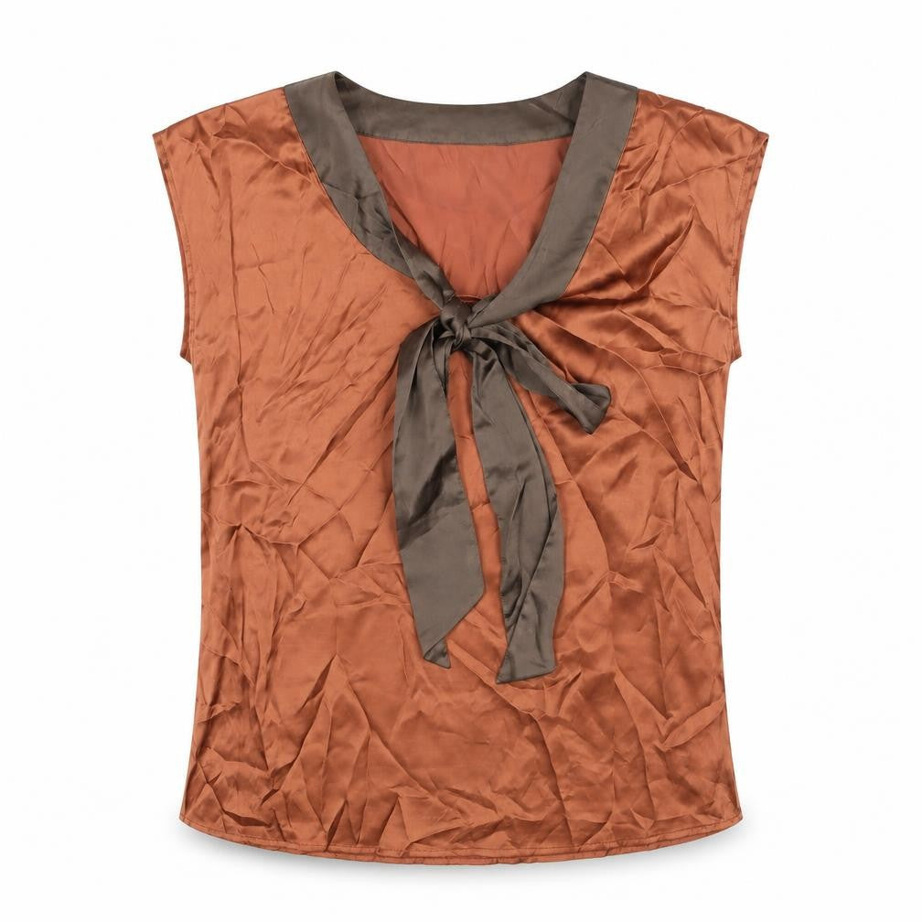 Front view of Mint Berry women’s brown polyester basic blouse, size UK 14, scoop neck - tie detail