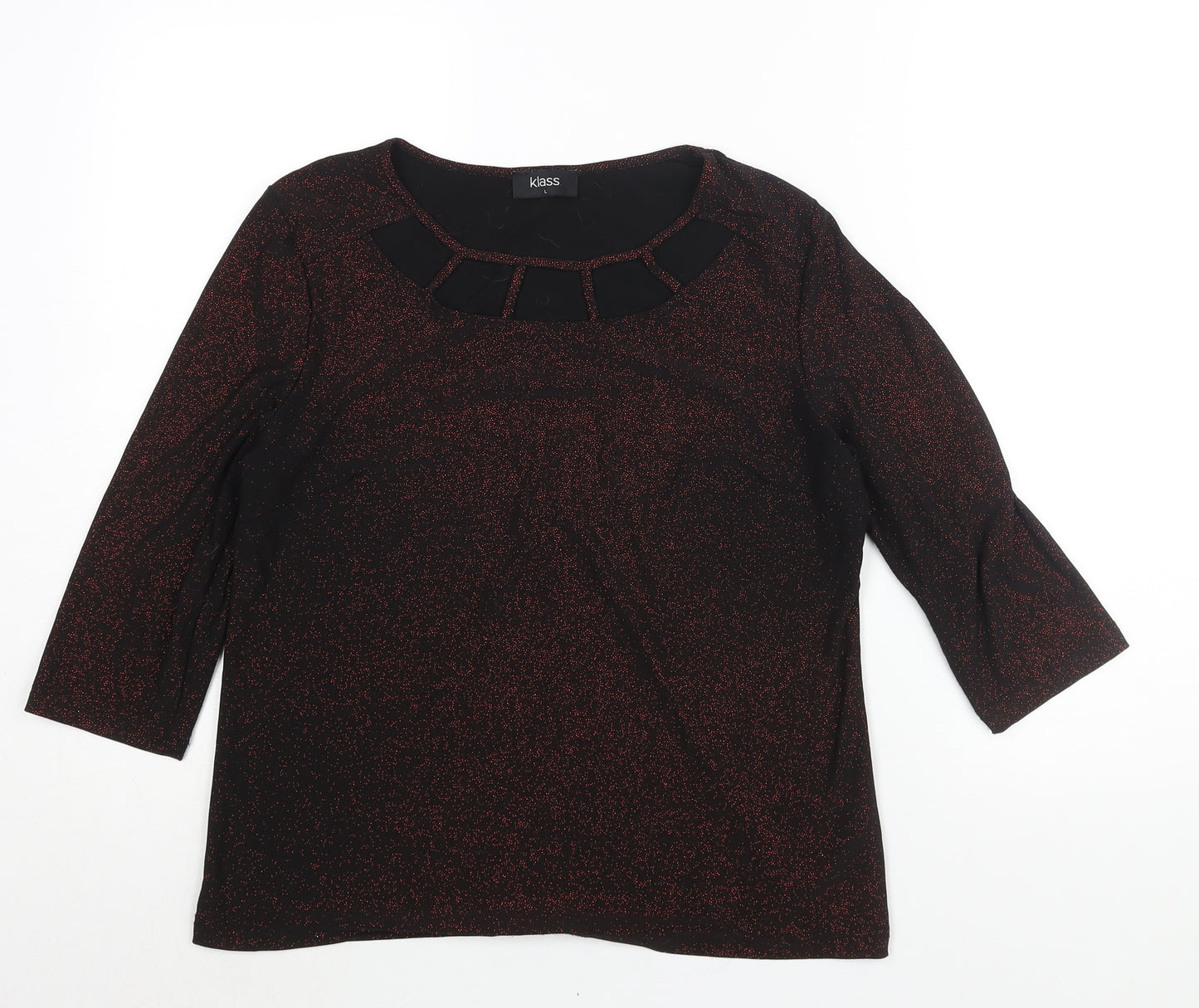 Klass Womens Black Polyester Basic Blouse Size L Round Neck - Red Glitter Cut Out