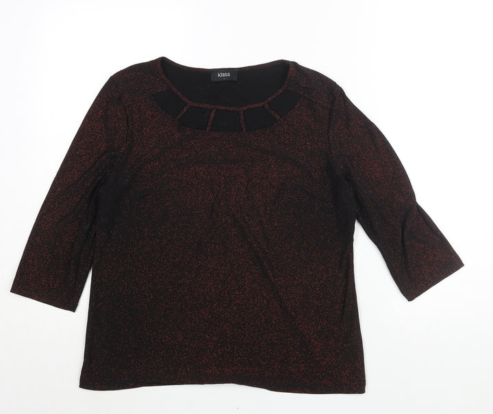 Klass Womens Black Polyester Basic Blouse Size L Round Neck - Red Glitter Cut Out