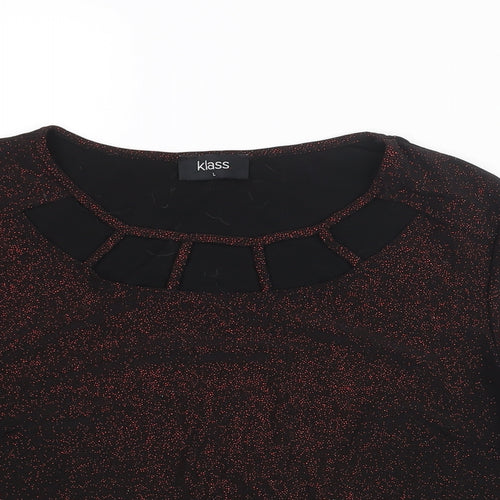 Klass Womens Black Polyester Basic Blouse Size L Round Neck - Red Glitter Cut Out