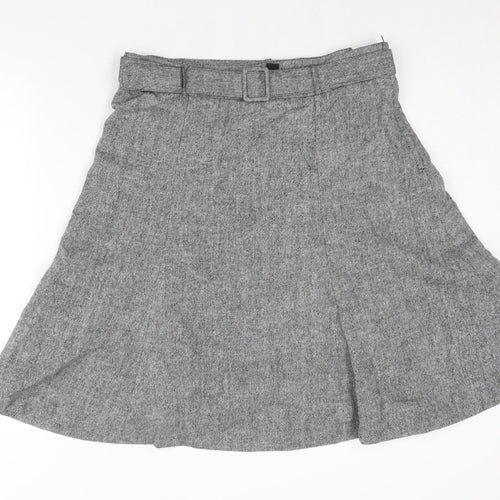 H&M Womens Grey Wool A-Line Skirt Size 14 Zip - Belted