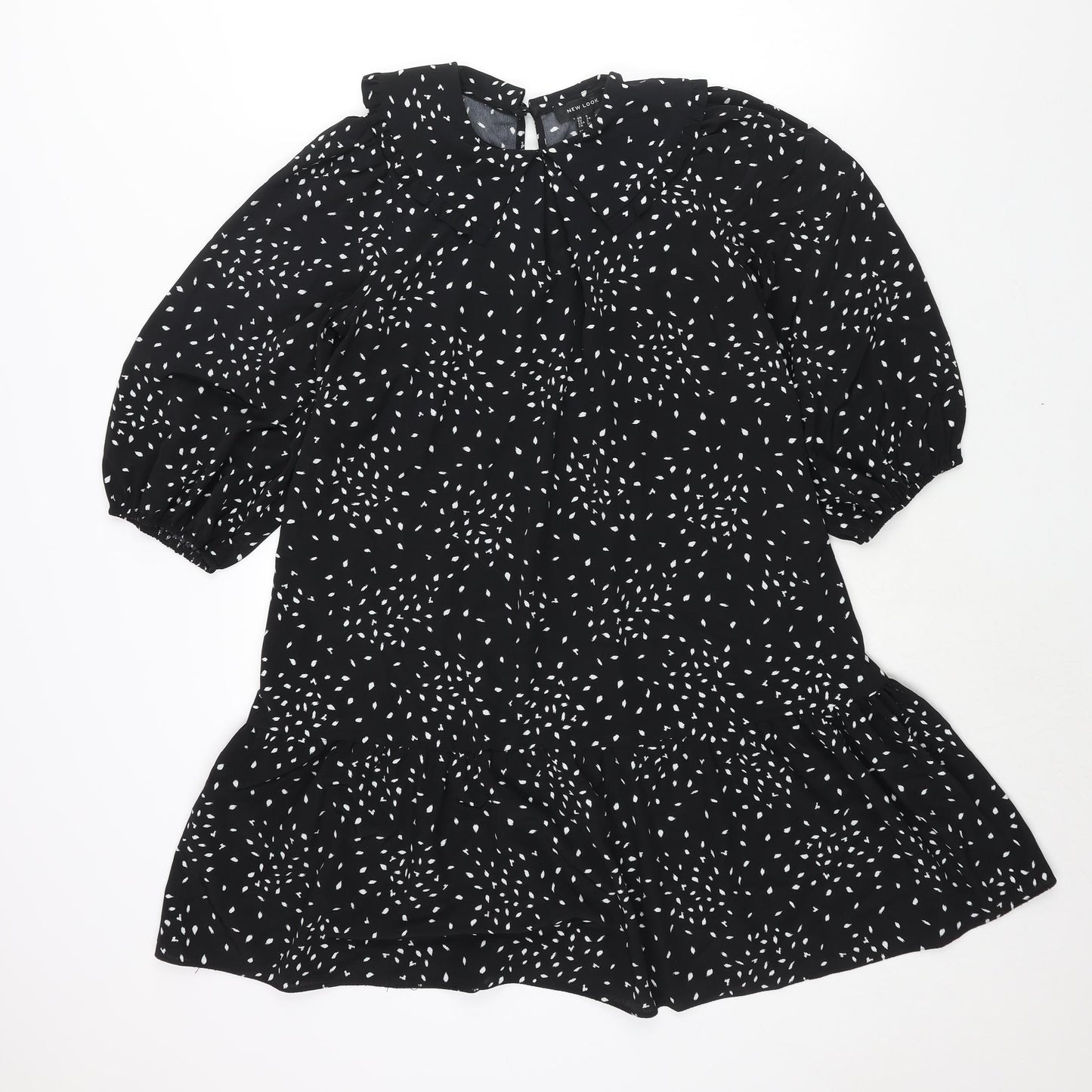 New Look Womens Black Geometric Polyester Shift Size 6 Collared Zip - Frill Smocked