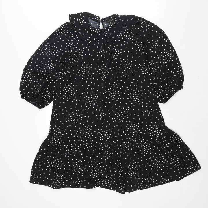 New Look Womens Black Geometric Polyester Shift Size 6 Collared Zip - Frill Smocked