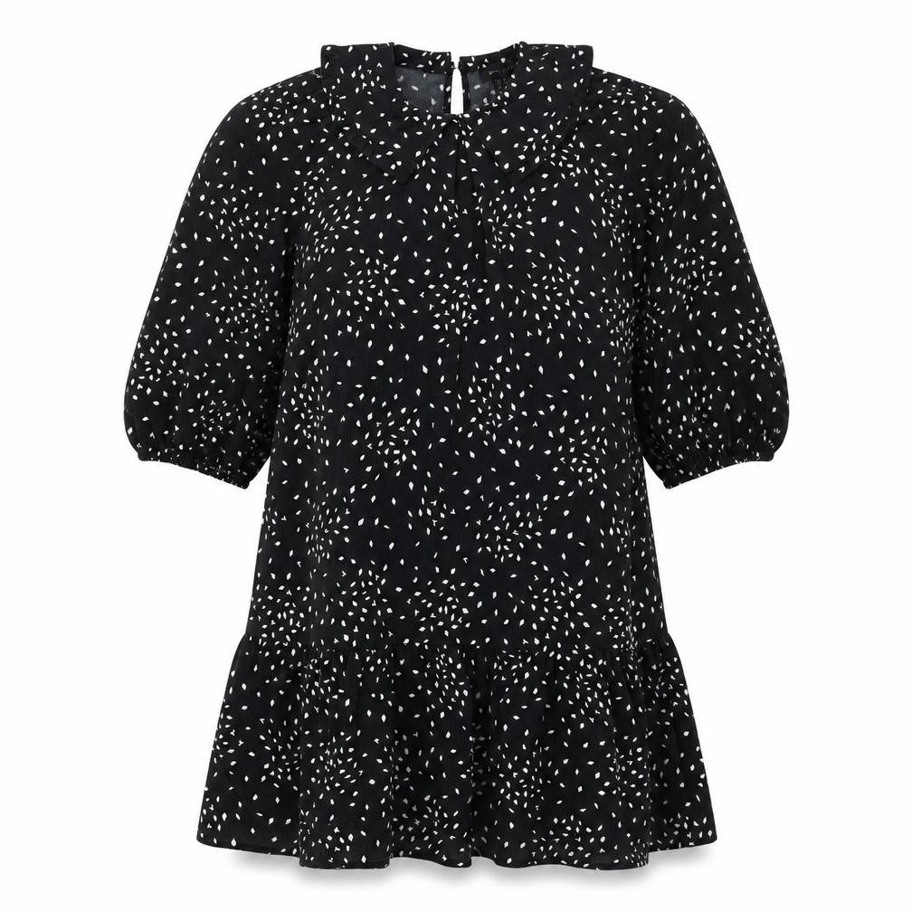 Front view of New Look women’s black geometric polyester shift, size UK 6, collared zip - frill smocked