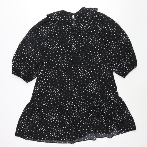 New Look Womens Black Geometric Polyester Shift Size 6 Collared Zip - Frill Smocked