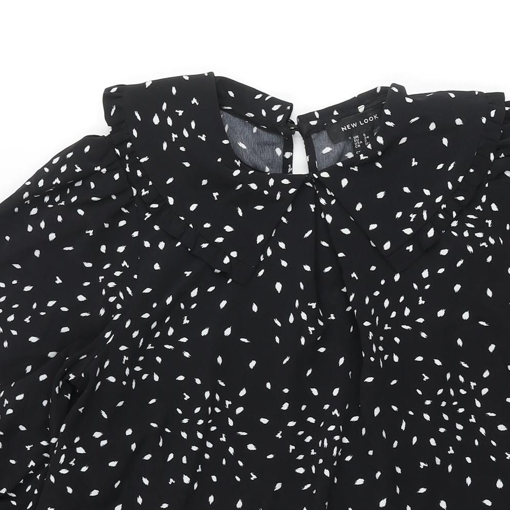 New Look Womens Black Geometric Polyester Shift Size 6 Collared Zip - Frill Smocked