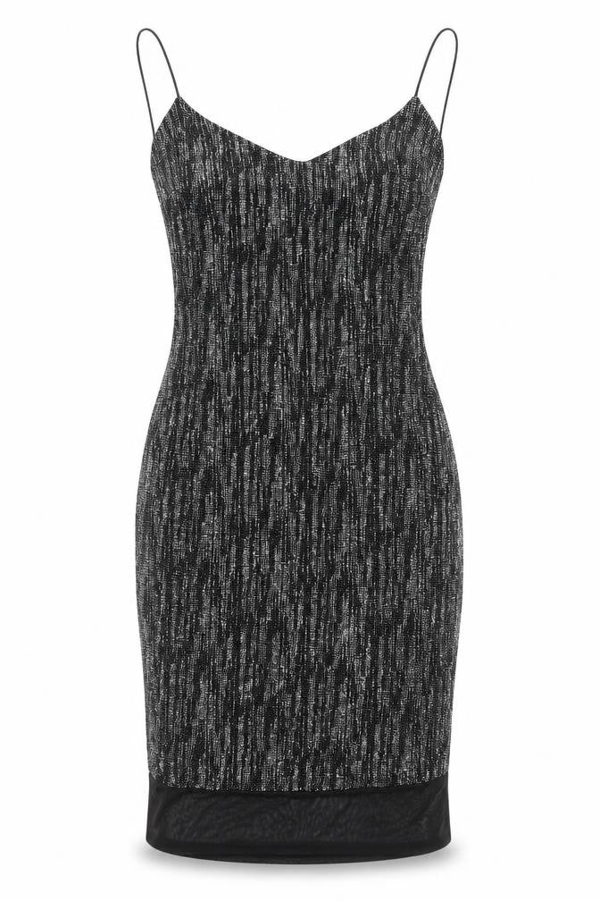 Front view of River Island women’s black nylon bodycon, size UK 10, scoop neck pullover - mesh panel glitter