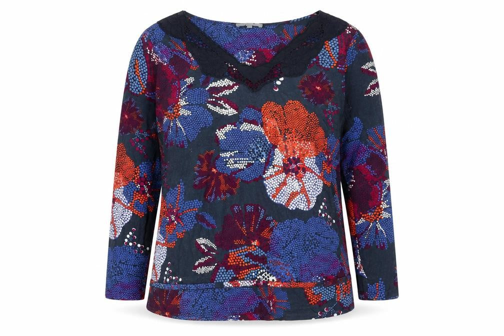 Front view of Per Una women’s blue geometric viscose basic blouse, size UK 16, v-neck - lace detail