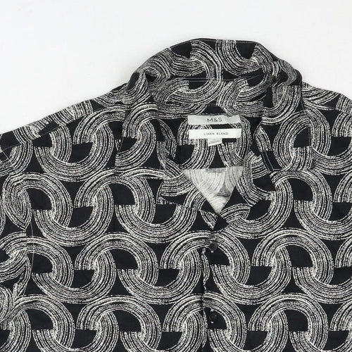 Marks and Spencer Mens Black Geometric Linen Button-Up Size M Collared Button