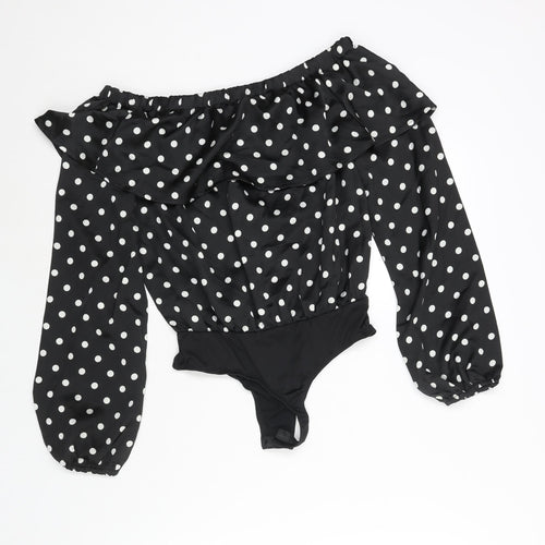 Missguided Womens Black Polka Dot Polyester Bodysuit One-Piece Size 6 Snap - Frill