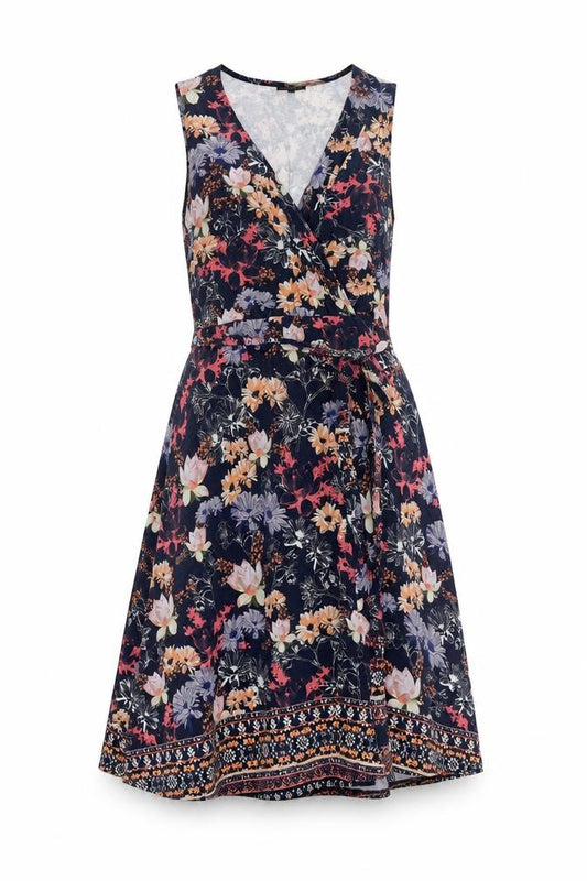 Front view of Warehouse women’s multicoloured floral viscose a-line, size UK 12, v-neck pullover - belted