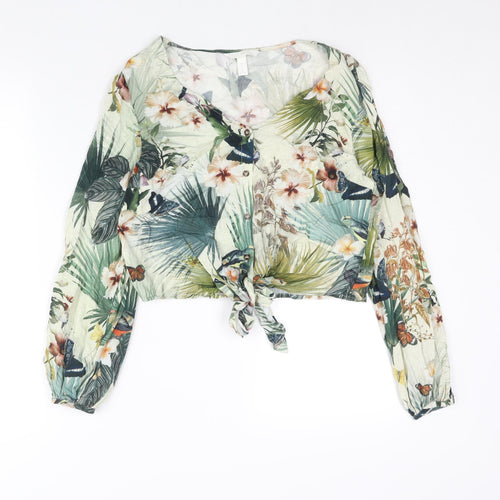 H&M Womens Multicoloured Floral Viscose Cropped Blouse Size 8 V-Neck - Tie Detail