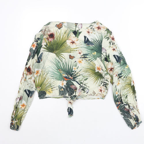 H&M Womens Multicoloured Floral Viscose Cropped Blouse Size 8 V-Neck - Tie Detail