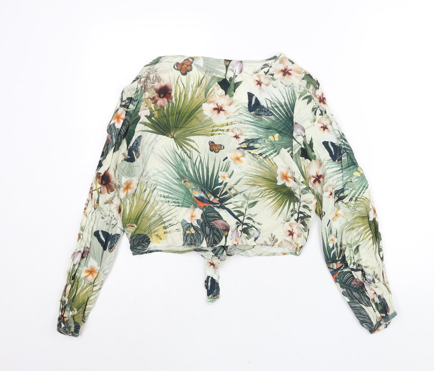 H&M Womens Multicoloured Floral Viscose Cropped Blouse Size 8 V-Neck - Tie Detail