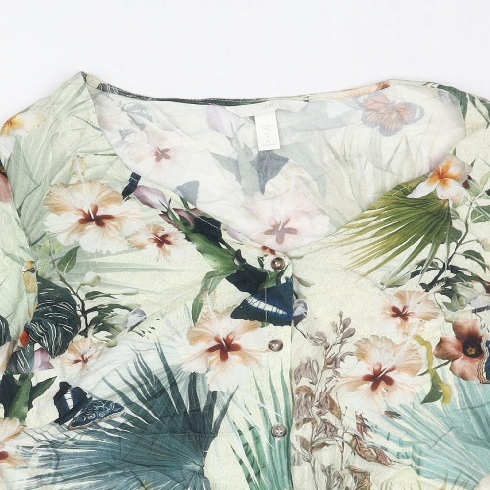 H&M Womens Multicoloured Floral Viscose Cropped Blouse Size 8 V-Neck - Tie Detail