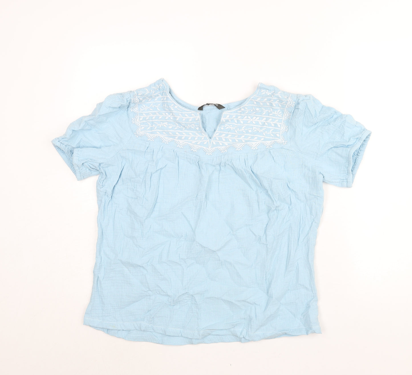 Bonmarché Womens Blue Cotton Basic Blouse Size 12 V-Neck - Embroidered Detail