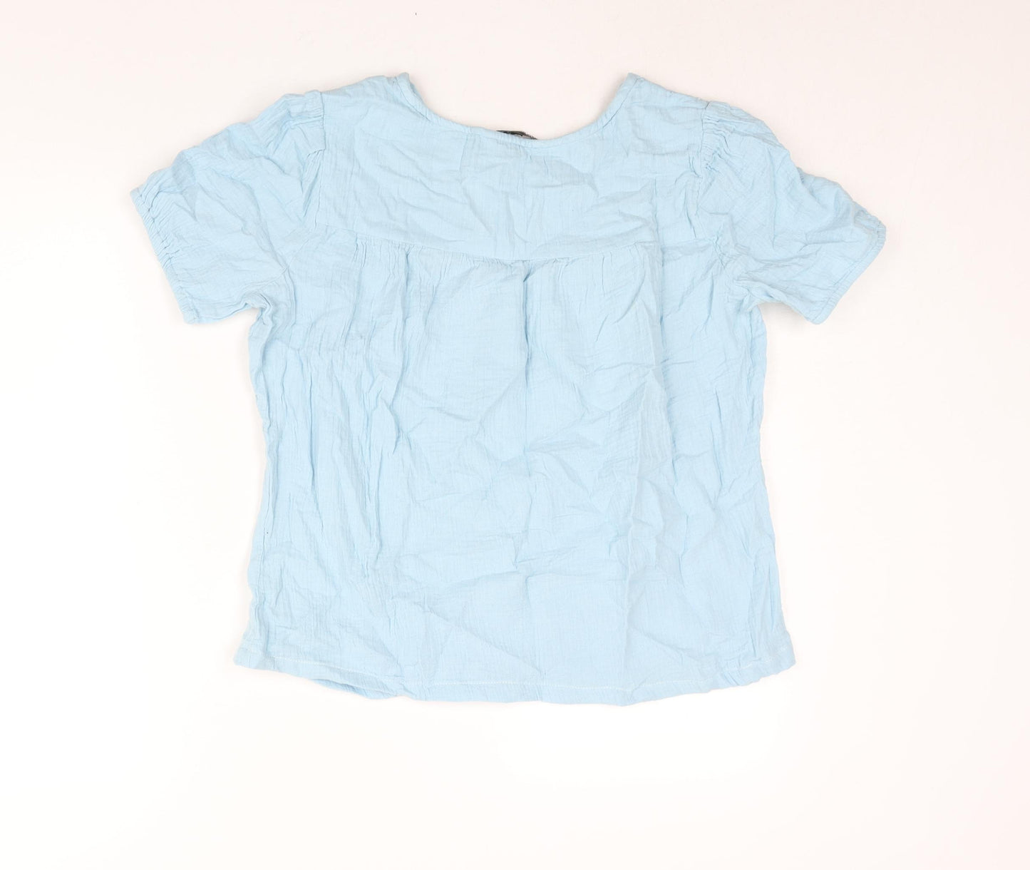 Bonmarché Womens Blue Cotton Basic Blouse Size 12 V-Neck - Embroidered Detail