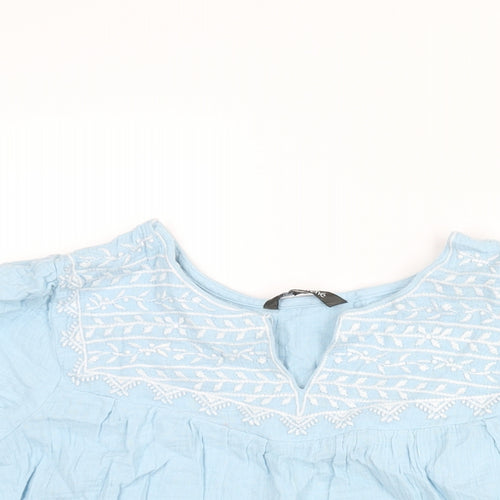 Bonmarché Womens Blue Cotton Basic Blouse Size 12 V-Neck - Embroidered Detail