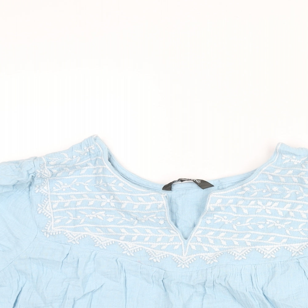 Bonmarché Womens Blue Cotton Basic Blouse Size 12 V-Neck - Embroidered Detail
