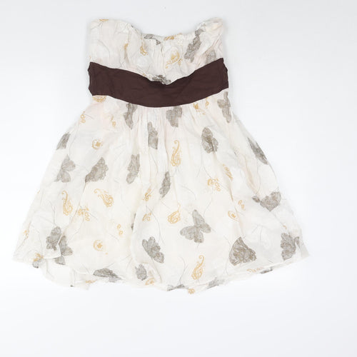 QED London Womens White Geometric Cotton A-Line Size 10 Square Neck Zip - Butterfly Print Belted