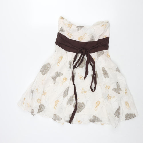 QED London Womens White Geometric Cotton A-Line Size 10 Square Neck Zip - Butterfly Print Belted