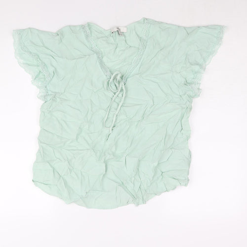 Marks and Spencer Womens Green Viscose Basic Blouse Size 14 V-Neck - Lace Trim