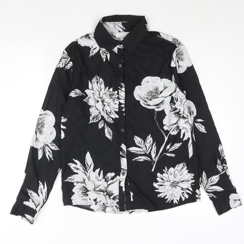 Dancing Leopard Womens Black Floral Polyester Basic Blouse Size 10 Collared