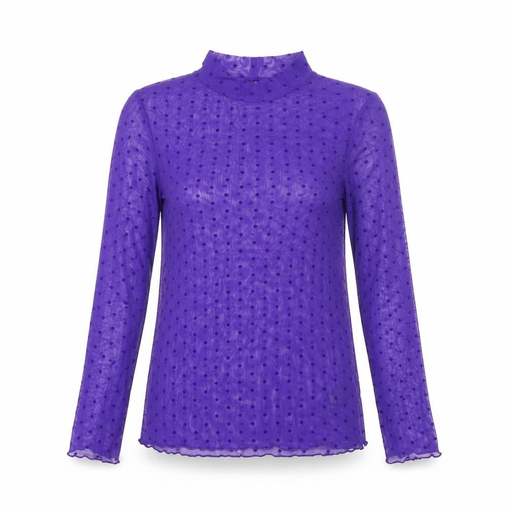 Front view of Marks & Spencer women’s purple polka dot polyester basic blouse, size M, mock neck - semi sheer