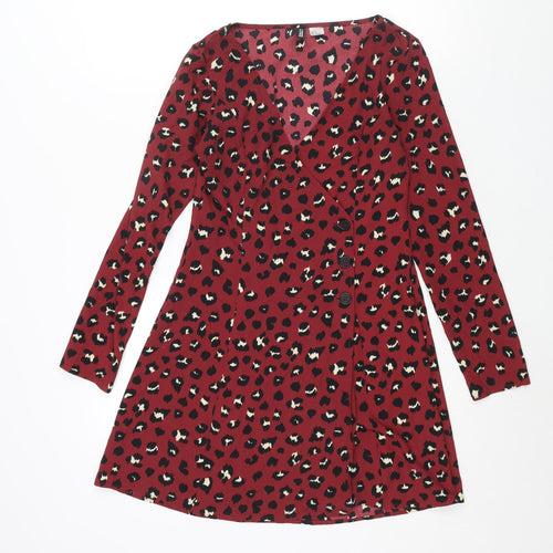 Divided by H&M Womens Red Animal Print Polyester A-Line Size 8 V-Neck Button - Leopard Print