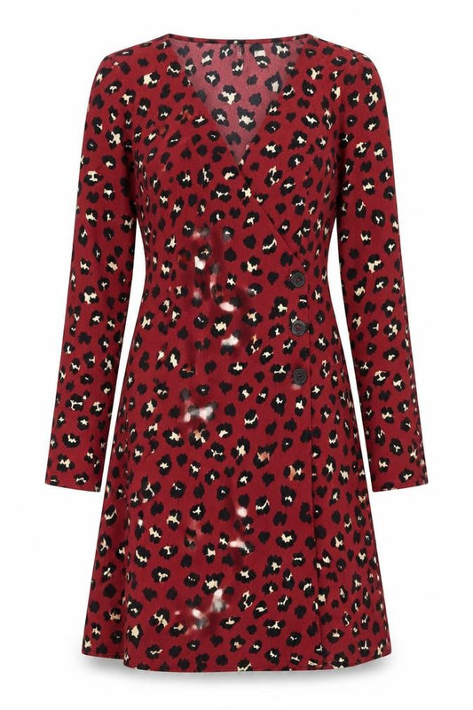 Front view of Divided by H&M women’s red animal print polyester a-line, size UK 8, v-neck button - leopard print