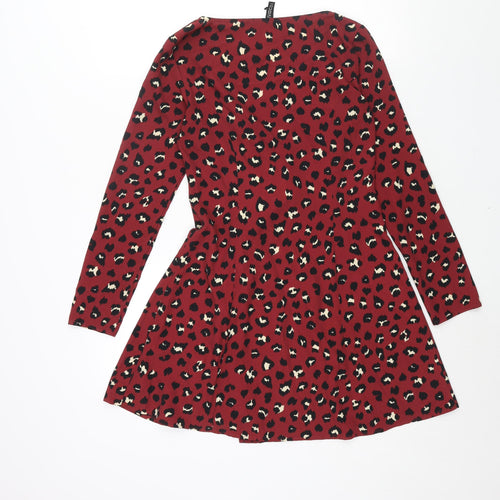 Divided by H&M Womens Red Animal Print Polyester A-Line Size 8 V-Neck Button - Leopard Print