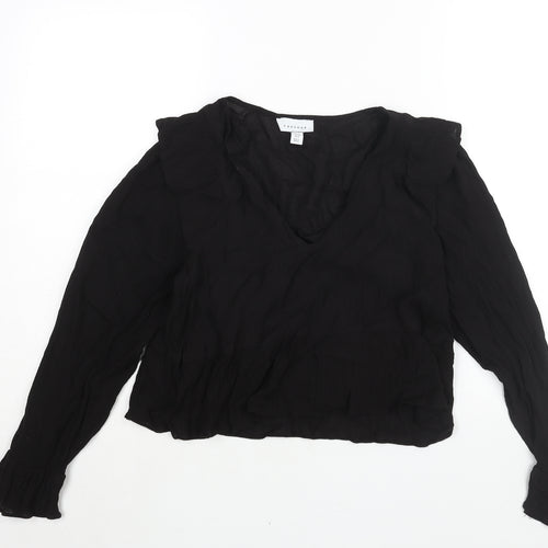Topshop Womens Black Viscose Basic Blouse Size 10 V-Neck - Frill