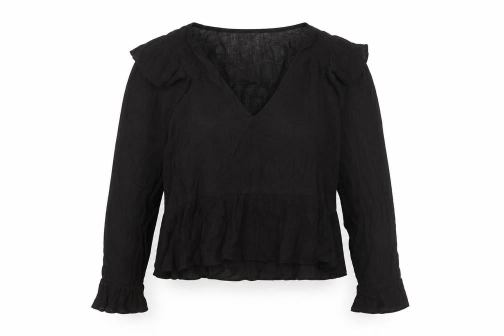 Front view of Topshop women’s black viscose basic blouse, size UK 10, v-neck - frill