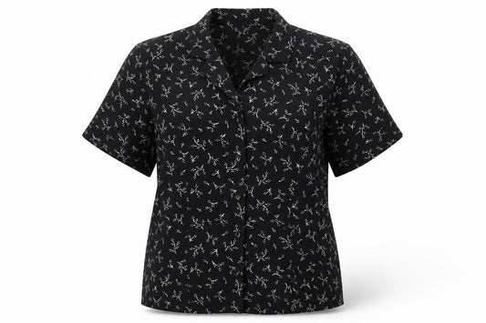 Front view of Jumper women’s black geometric polyester basic button-up, size UK 12, collared
