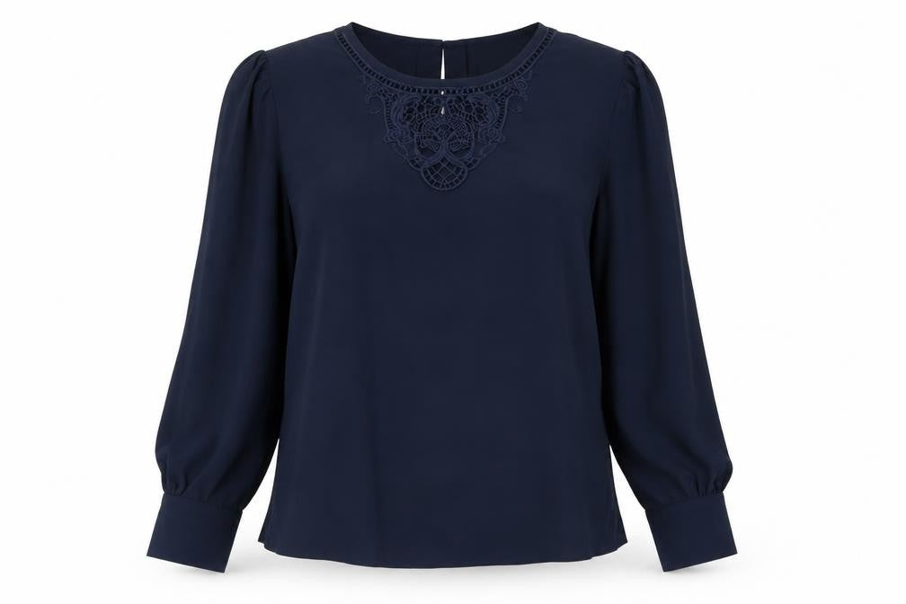 Front view of Marks & Spencer women’s blue polyester basic blouse, size UK 12, round neck - lace detail