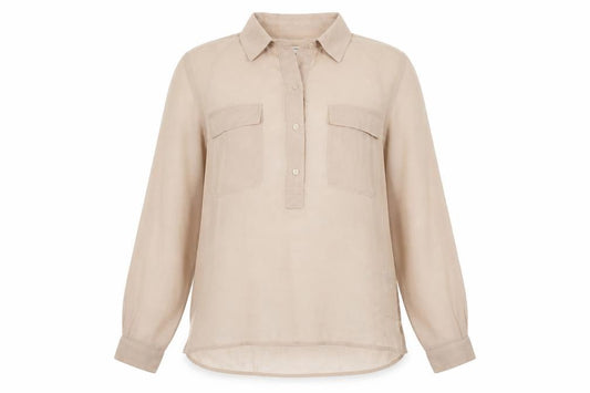 Front view of Gap women’s beige polyester basic blouse, size M, collared - semi sheer