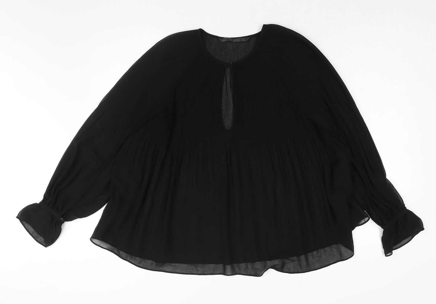 Zara Womens Black Polyester Basic Blouse Size L Round Neck - Semi Sheer Pleated