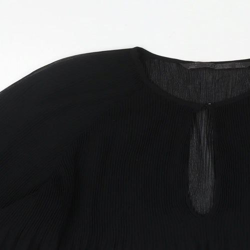 Zara Womens Black Polyester Basic Blouse Size L Round Neck - Semi Sheer Pleated