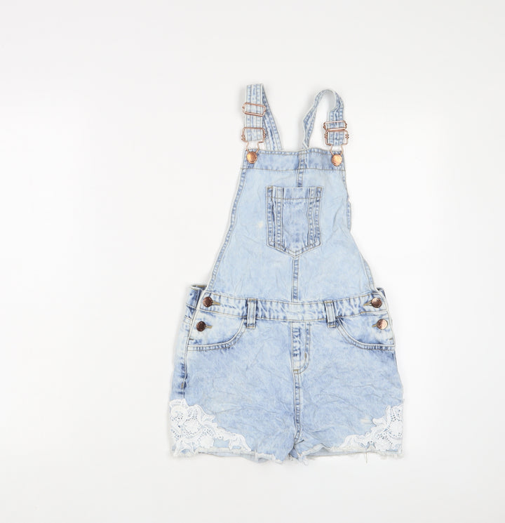 Denim & Co. Girls Blue Cotton Dungaree One-Piece Size 9-10 Years Button