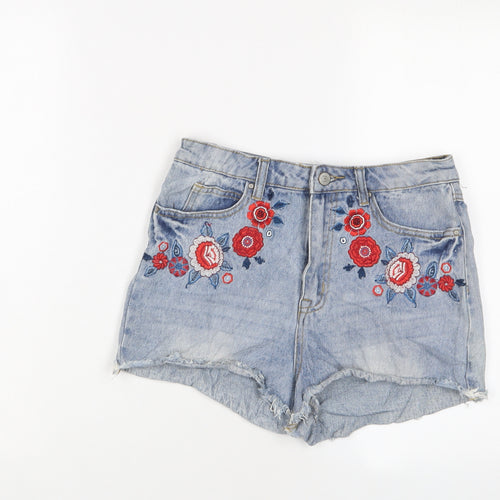 Denim & Co. Womens Blue Floral Cotton Basic Shorts Size 12 Regular Zip - Embroidered