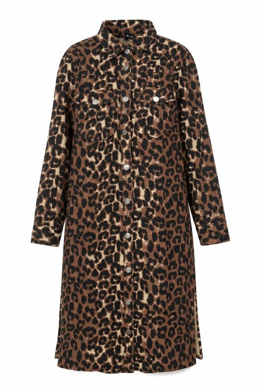 Front view of Next women’s brown animal print cotton a-line, size UK 8, collared button