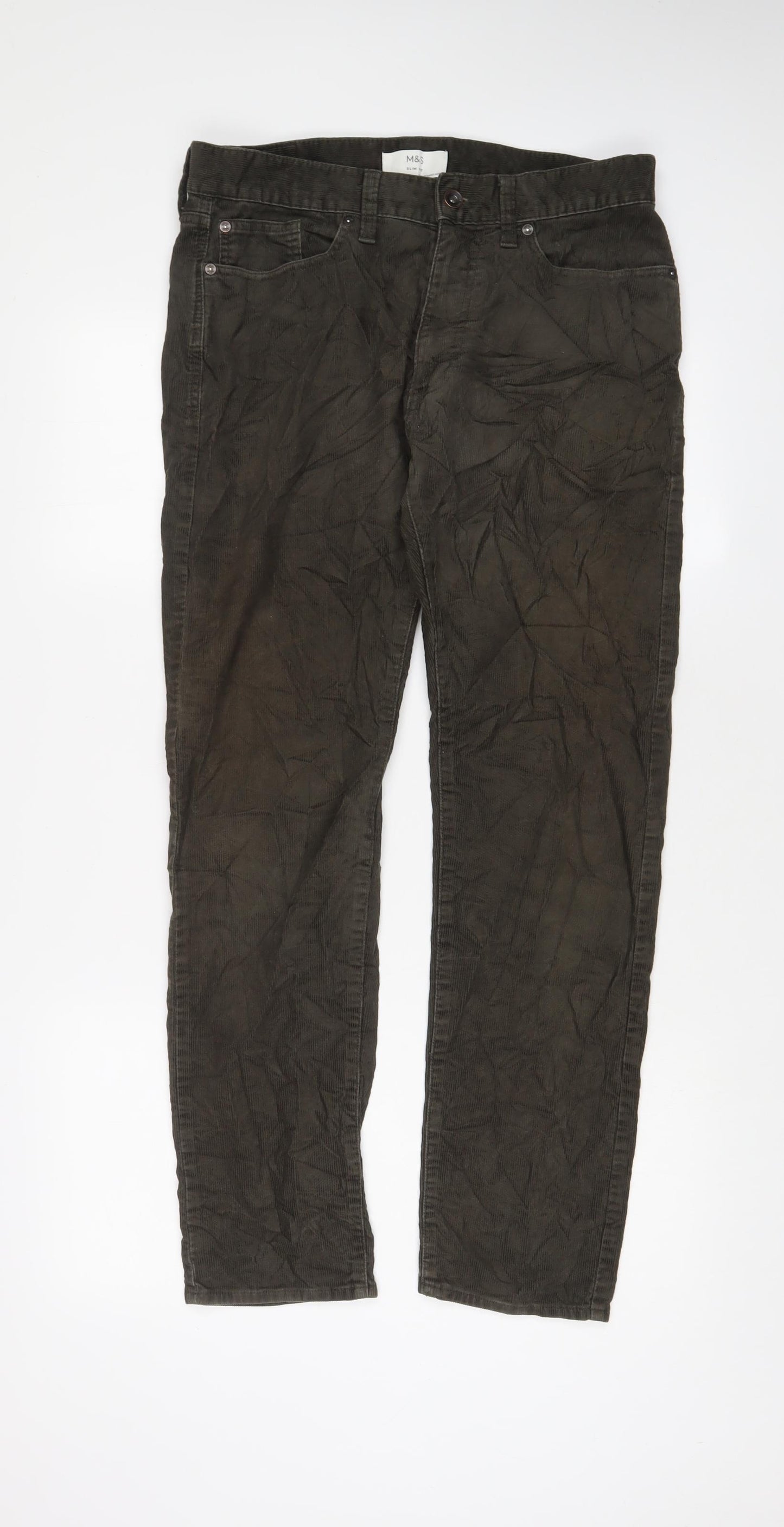 Marks and Spencer Mens Green Cotton Trousers Size 32 in L31 in Slim Zip